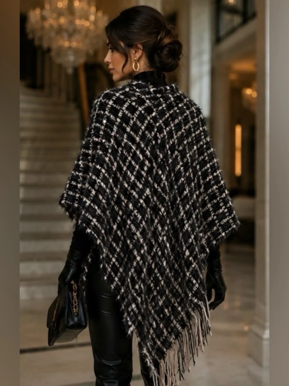 Simonetta Black and Cream Plaid Fringe Poncho